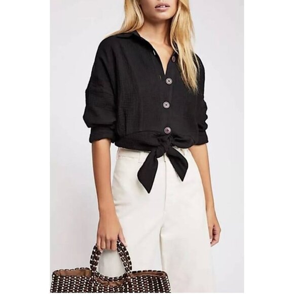 Free People Tops - Free People Tie Front Button Down Blouse Large Black Gauze Long Sleeve Dark Boho